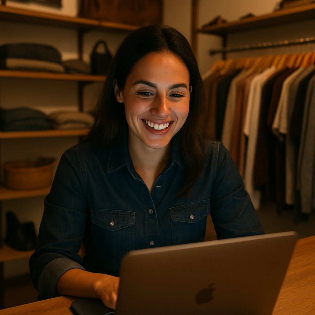 a person looking a laptop and smiling the screen is faced to them to it lights their face and they can be seen smiling this person will be sitting in their store in this scene-1