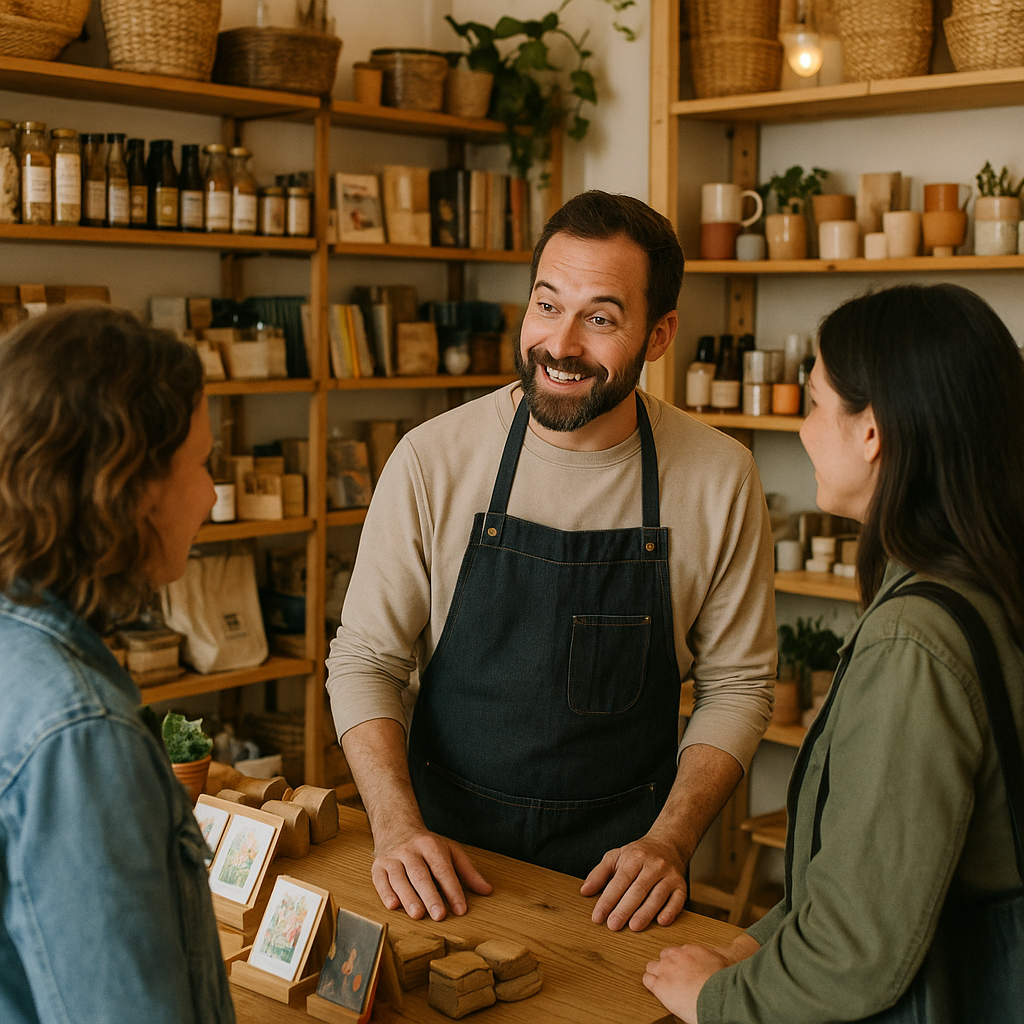 a picture of small store owner talking to customers browsing in their store-1