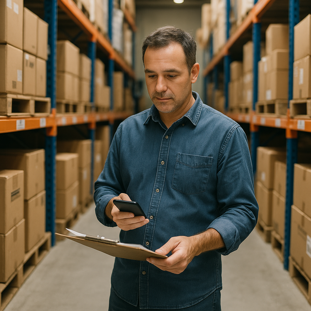 image a store owner standing in their medium sized warehouse doing their work